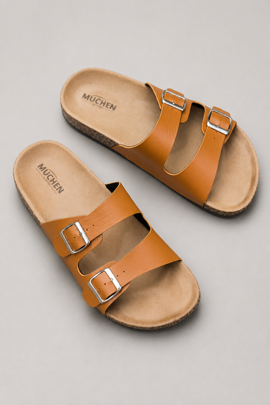 Double Buckle Cork Sandals | Unisex Slide Sandals | Faux Leather & Cork Footbed | Adjustable Comfort Casual Summer Slides | Steven & Levon