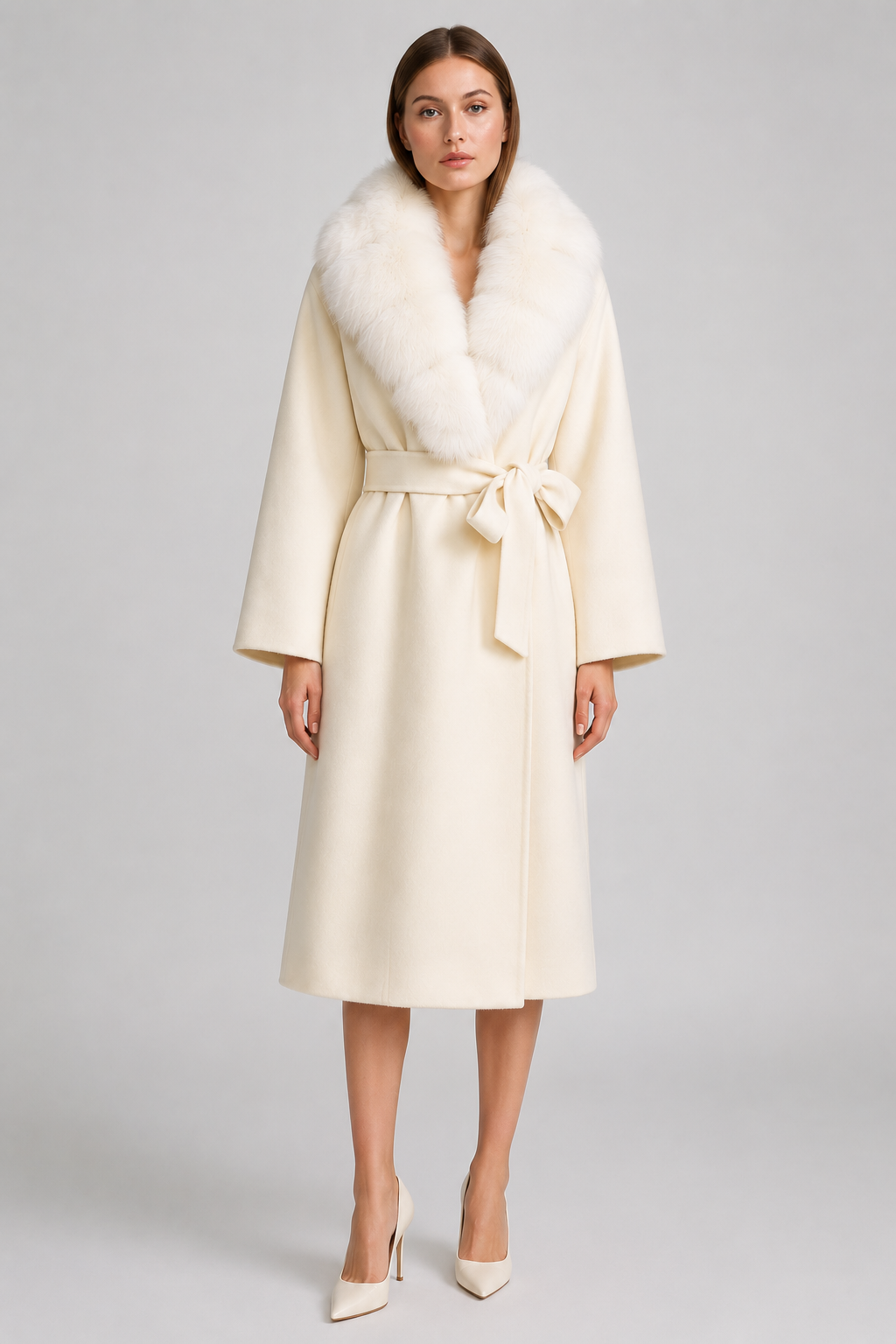 Women's Wool Wrap Coat | Fox Fur Collar | Tie Belt | Ivory Winter Coat | Steven & Levon