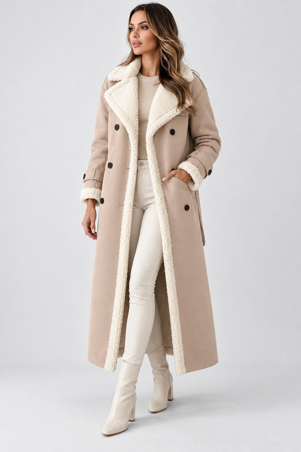 Women's Long Elegant Winter Coat | Beige Wool Blend | Classic Warm Outerwear | Steven & Levon