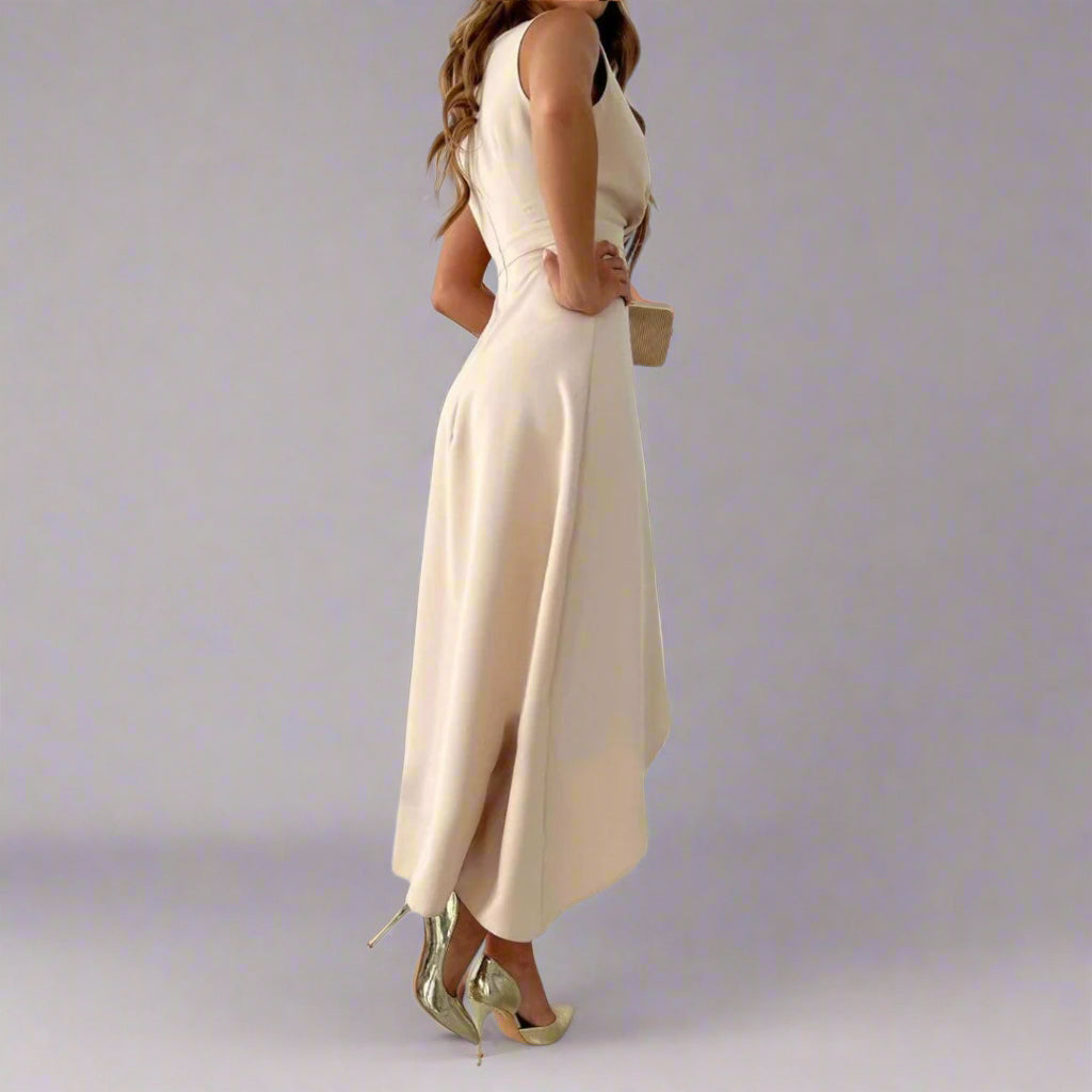 Elegant Midi Dress | Women’s V-Neck Asymmetric Hem Dress | Steven & Levon