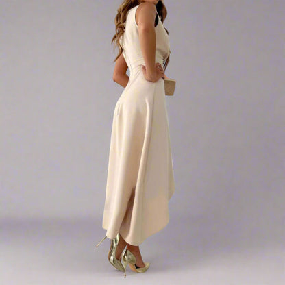 Elegant Midi Dress | Women’s V-Neck Asymmetric Hem Dress | Steven & Levon