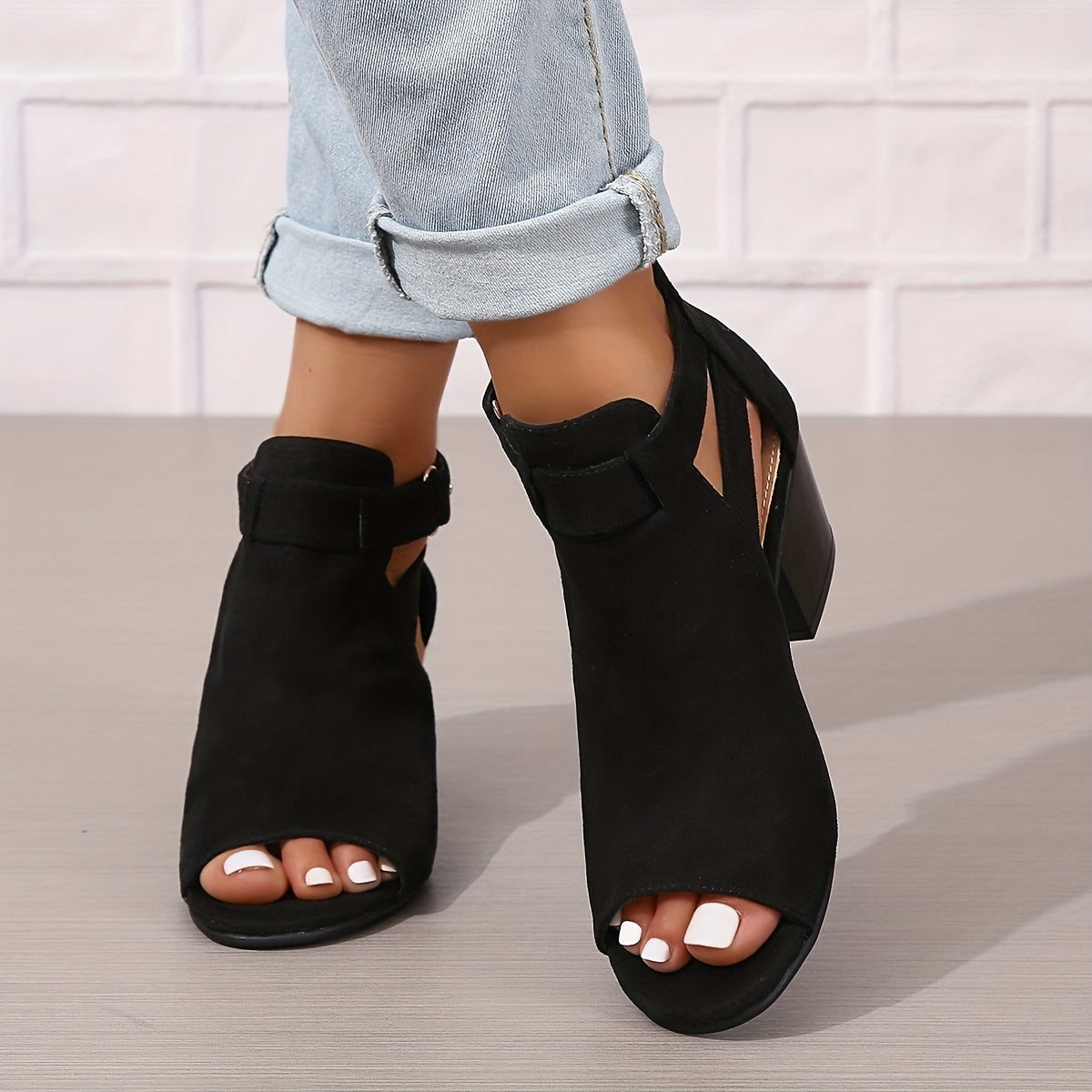 Elegant Peep-Toe Block Heel Sandals | Buckle Ankle Strap & Cut-Out Design | Steven & Levon