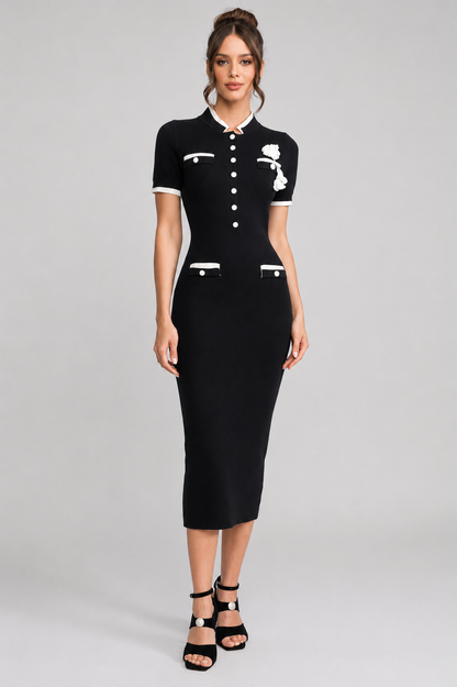 Ribbed Knit Midi Dress | Women | Contrast Trim | Decorative Pockets | Bodycon | Black | Steven & Levon