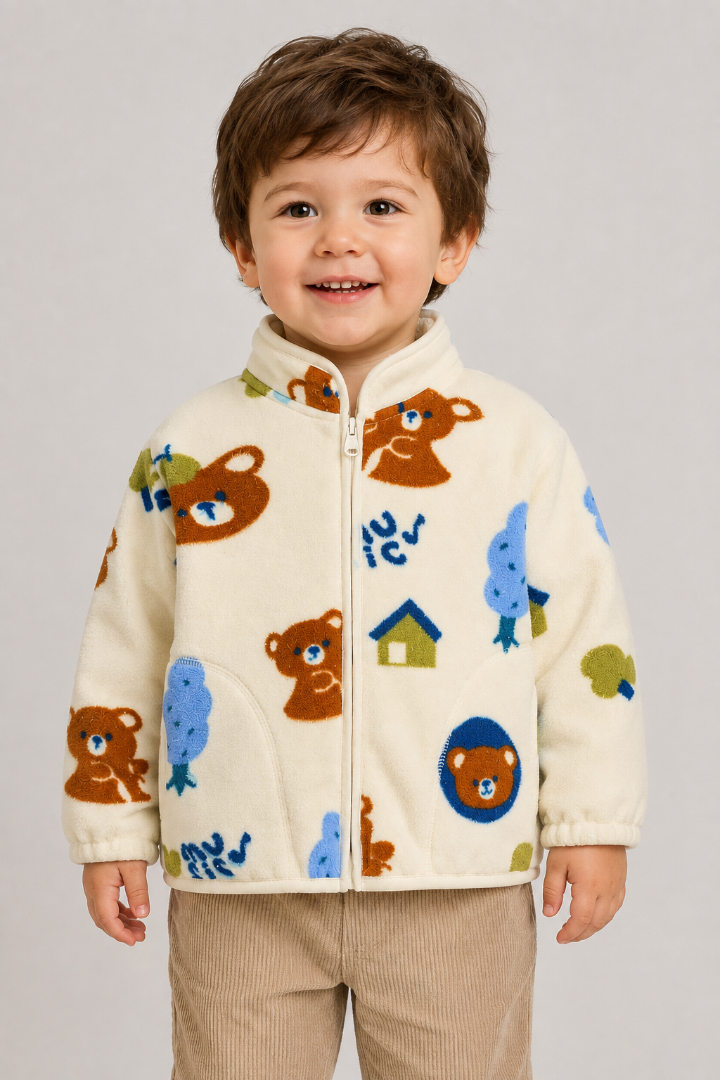 Kids Bear Print Fleece Jacket | Boys & Girls | Zip Up | Plush Winter Coat | Warm Outerwear | Steven & Levon