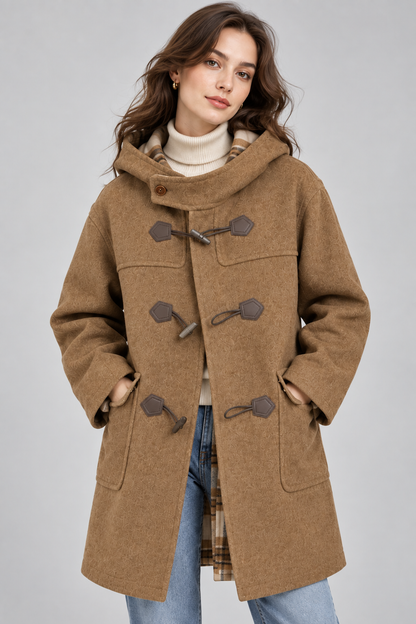 Women's Wool Coat | Hooded | Horn-Style Buttons | Double-Sided | Winter Outerwear | Steven & Levon