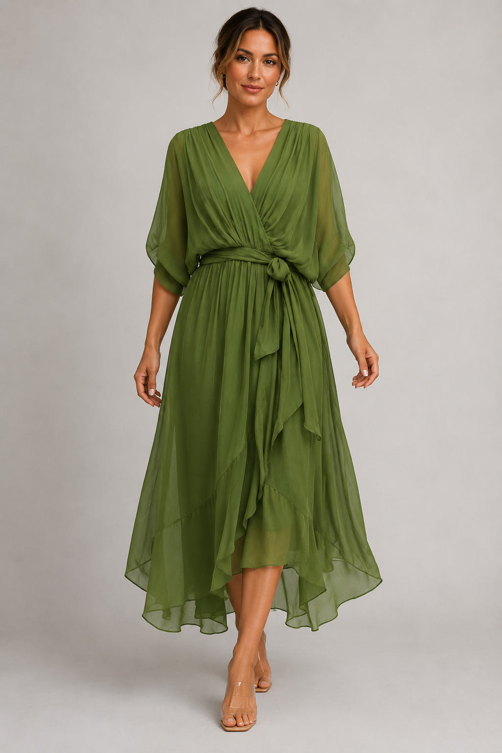 Elegant Wrap Tie Waist Midi Dress | Women | Wrap Front V-Neck | Waist Defining Fit | Wedding Guest & Evening Dress | Steven & Levon