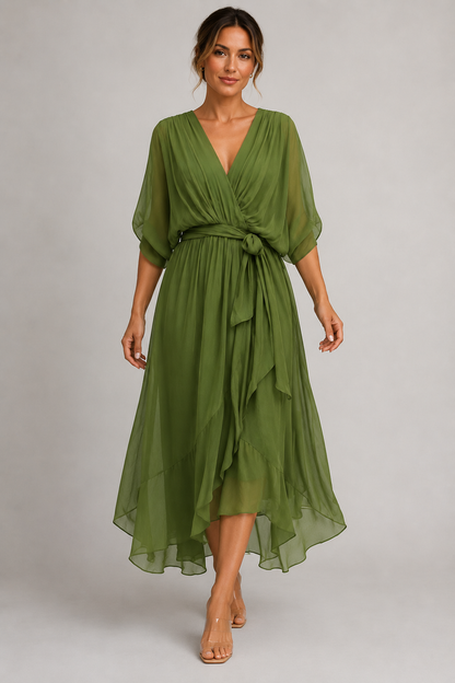 Elegant Wrap Tie Waist Midi Dress | Women | Wrap Front V-Neck | Waist Defining Fit | Wedding Guest & Evening Dress | Steven & Levon