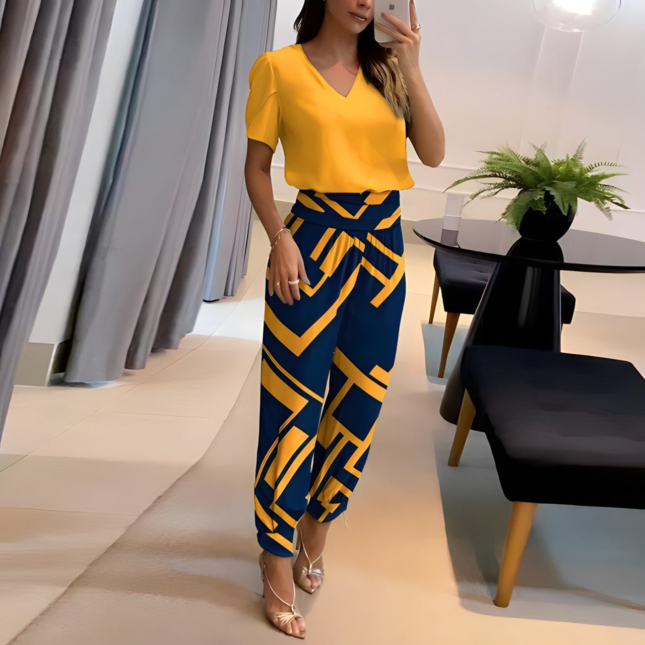 Women's Two-Piece Set | Puff-Sleeve Blouse & Harem Trousers | Regular Fit | Steven & Levon