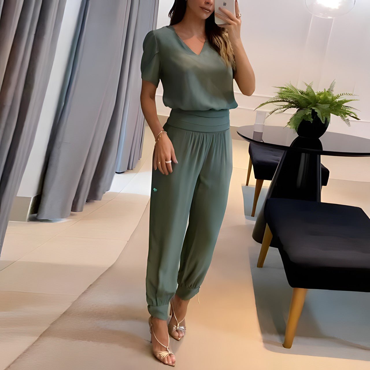 Women's Two-Piece Set | Puff-Sleeve Blouse & Harem Trousers | Regular Fit | Steven & Levon