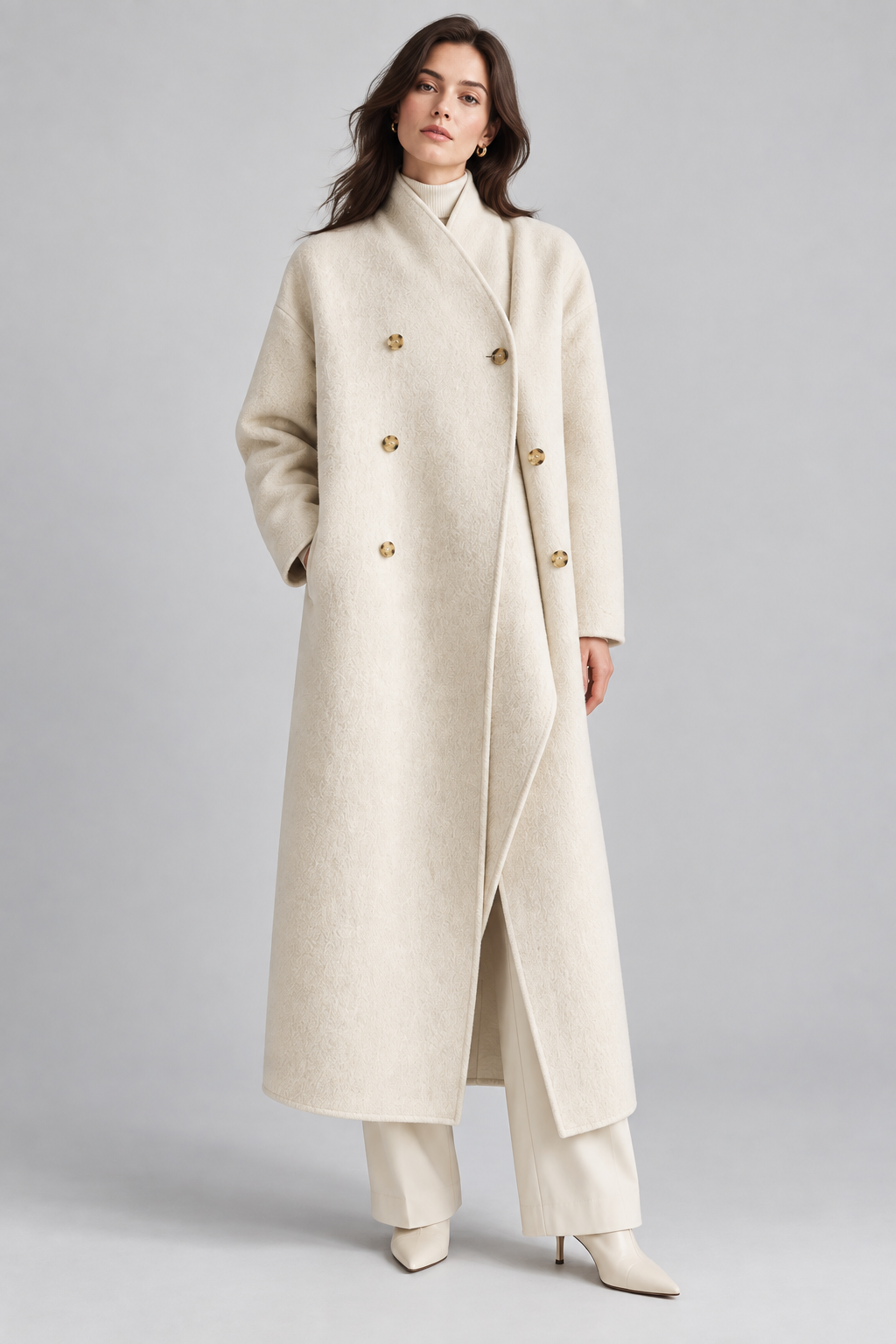 Women's Cashmere Wool Coat | Mid-Length | Scarf Collar | Double Sided | Loose Fit | Winter Outerwear | Steven & Levon