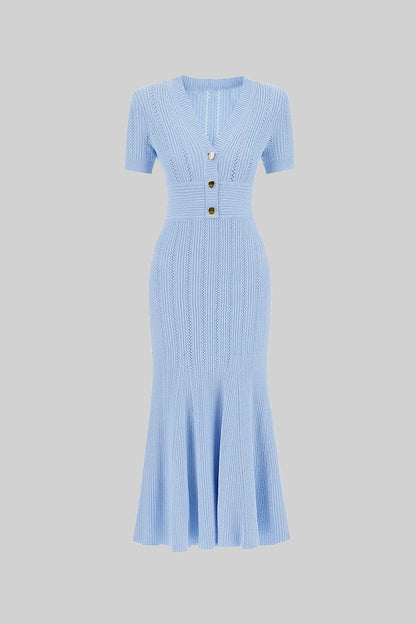 Ribbed Knit Midi Dress | Women | V-Neck | Gold Buttons | Blue | Steven & Levon