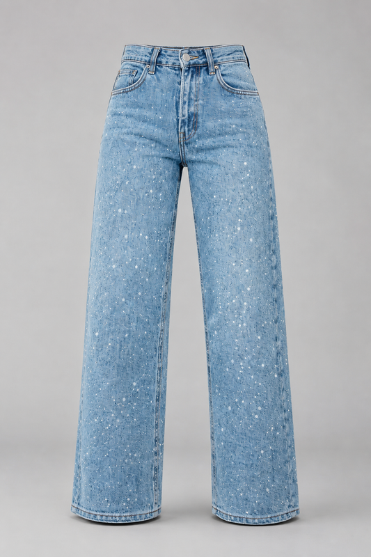 Women's High-Waist Wide-Leg Glitter Denim Jeans | Sparkly Relaxed Fit Blue Jeans | Steven & Levon