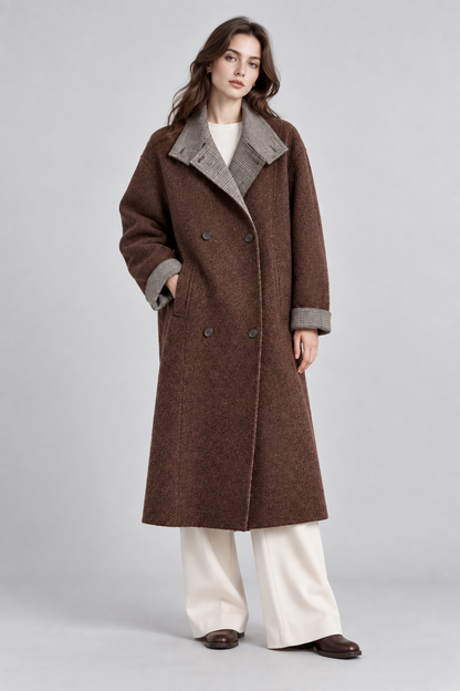 Women's Long Wool Coat | Double Breasted | Plaid Spliced Design | Loose Fit | Steven & Levon