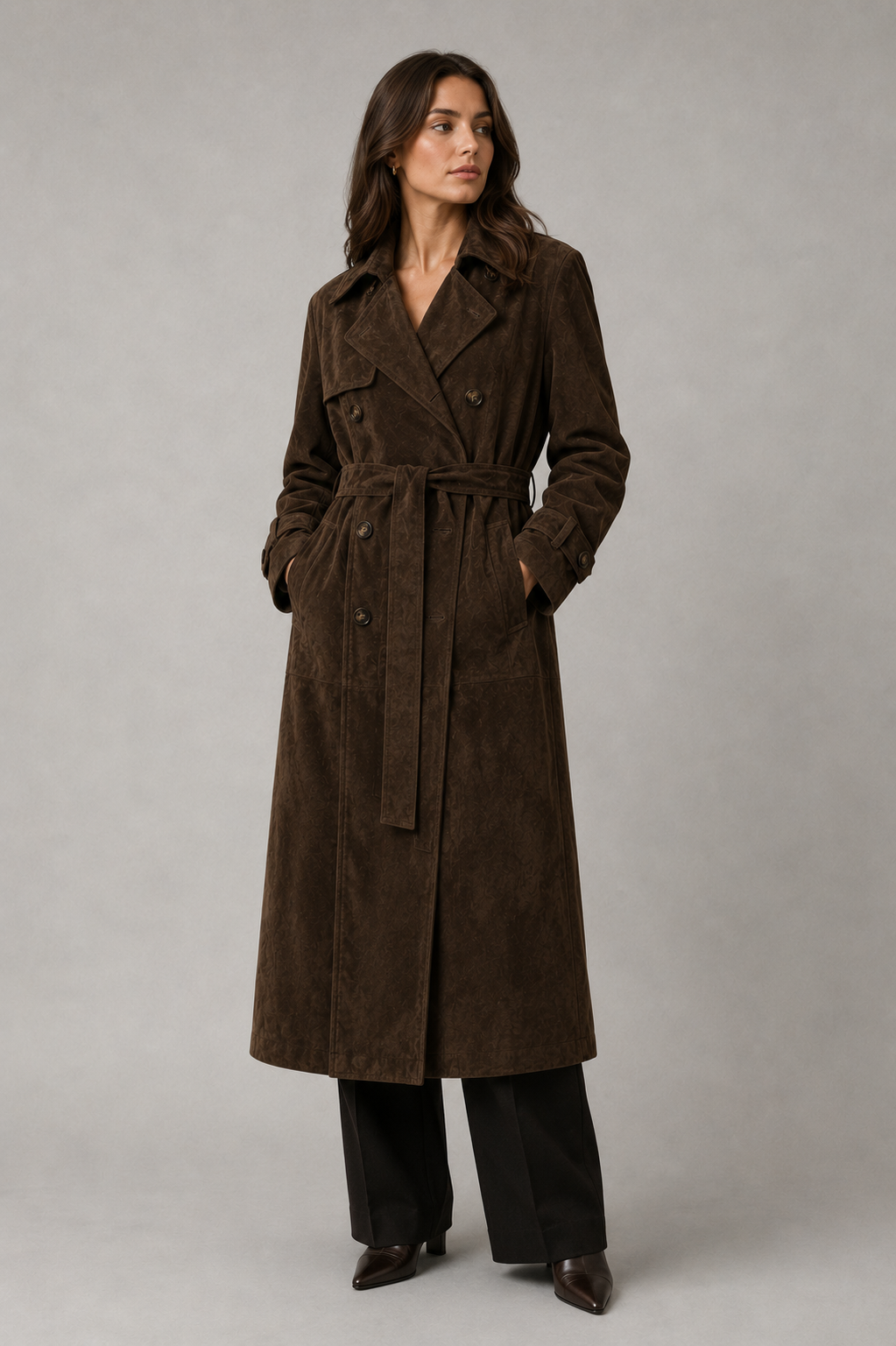 Women's Long Suede Trench Coat | Winter Coat | Faux Suede | Longline Belted Overcoat | Steven & Levon