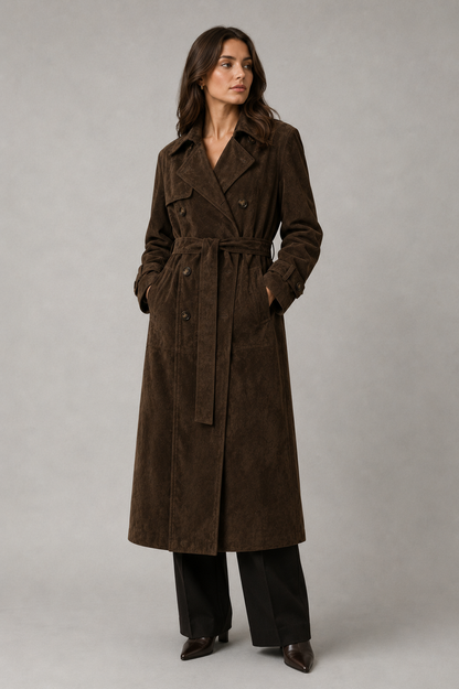 Women's Long Suede Trench Coat | Winter Coat | Faux Suede | Longline Belted Overcoat | Steven & Levon