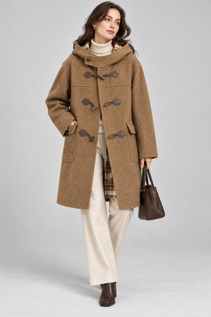 Women's Wool Coat | Hooded | Horn-Style Buttons | Double-Sided | Winter Outerwear | Steven & Levon