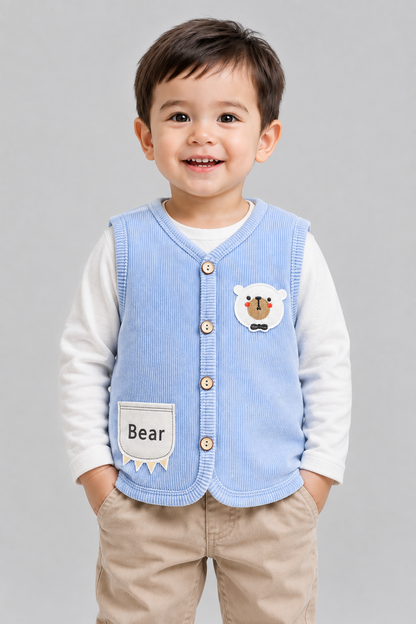 Kids Fleece Lined Vest | Boys & Girls | Corduroy | Bear Patch | Winter Outerwear | Steven & Levon