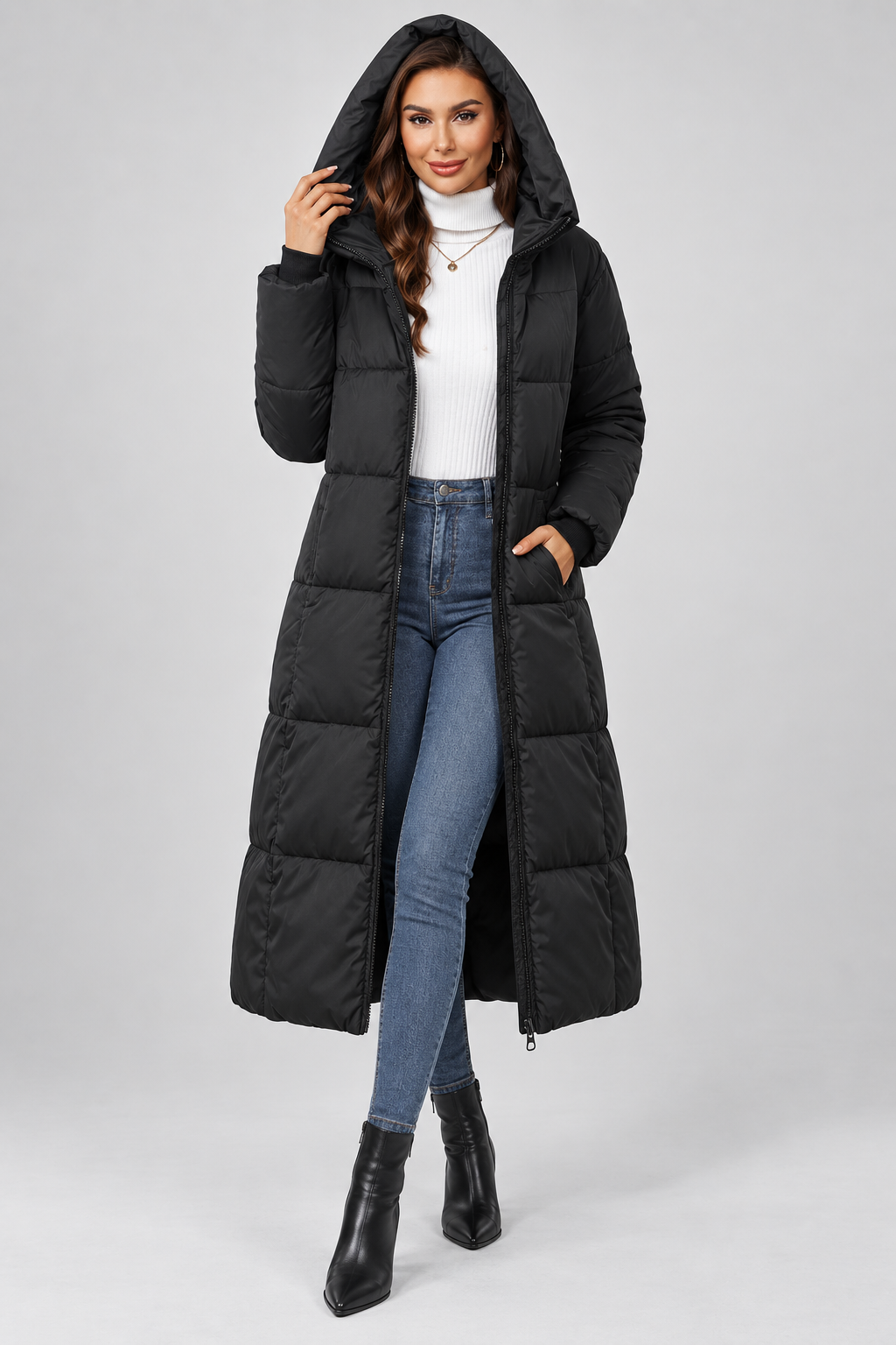 Women's Long Down Jacket | Hooded Warm Winter Coat | Full Length Insulated Outerwear | Steven & Levon