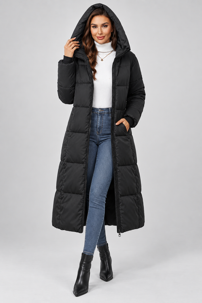 Women's Long Down Jacket | Hooded Warm Winter Coat | Full Length Insulated Outerwear | Steven & Levon