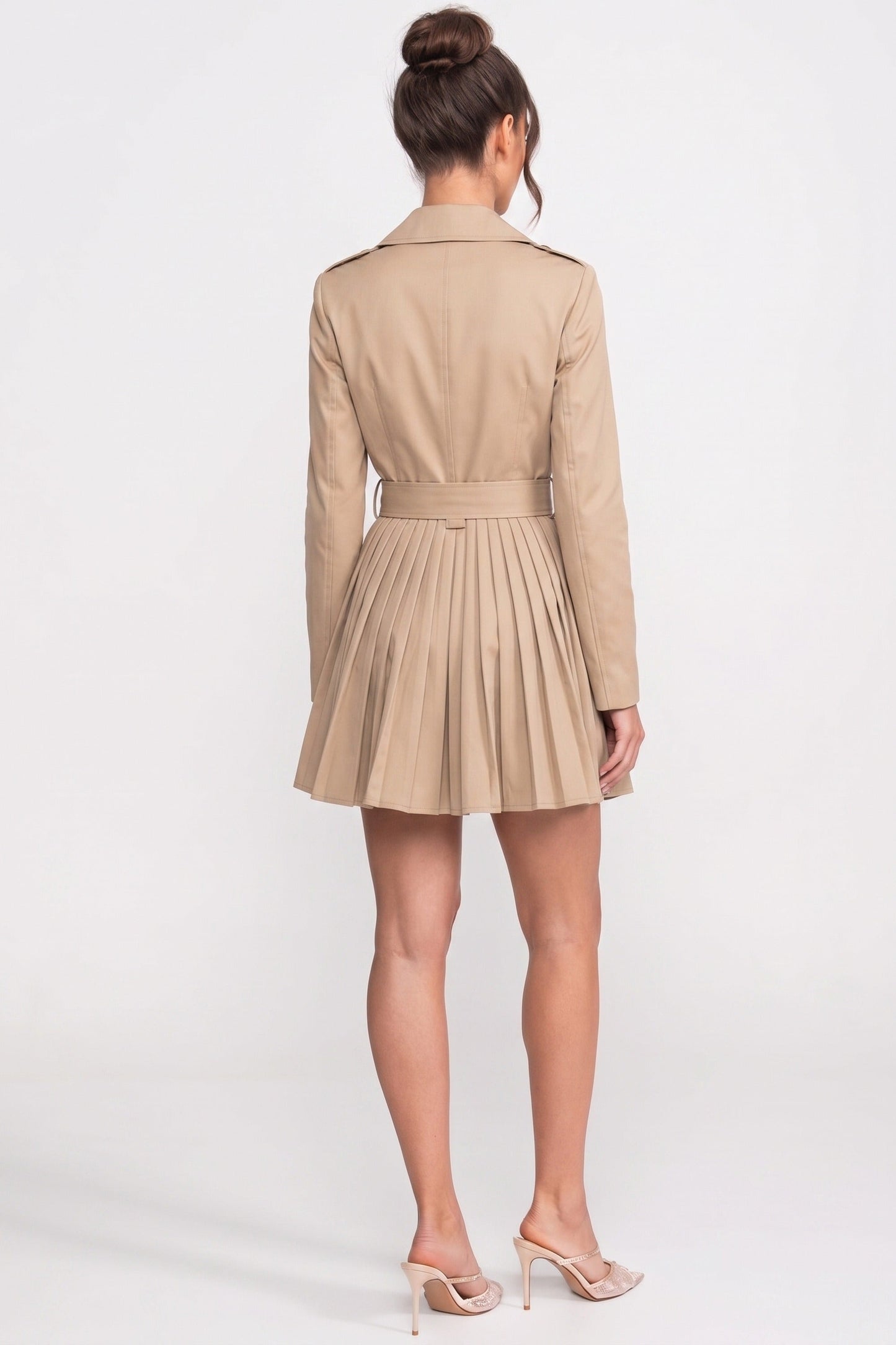 Women's Double Breasted Belted Trench Coat | Khaki | Pleated Skirt | Long Overcoat | Steven & Levon