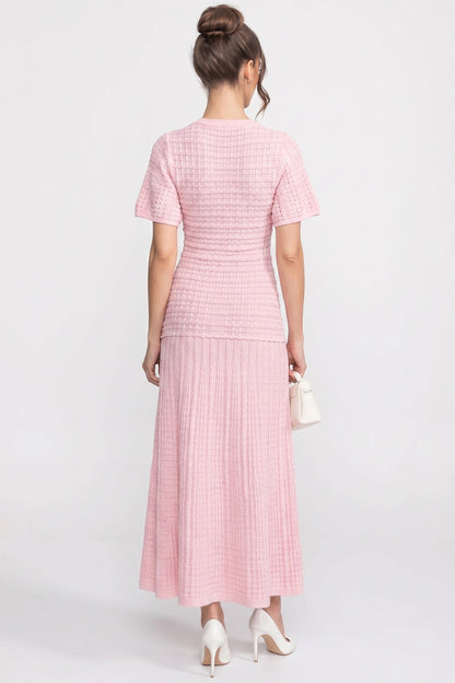 Short Sleeve Midi Dress | Women | Shimmer Knit Texture | Pink | Lightweight Elegant Dress | Steven & Levon
