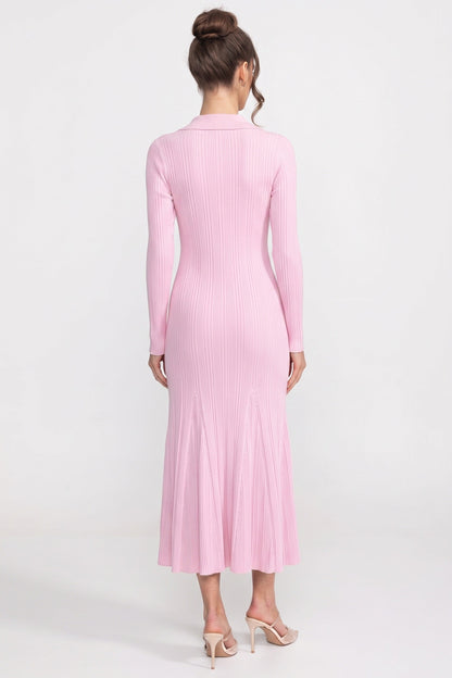 Button Front Knit Maxi Dress | Women's Long Sleeve Knit Dress | Patch Pockets | Pink | Steven & Levon