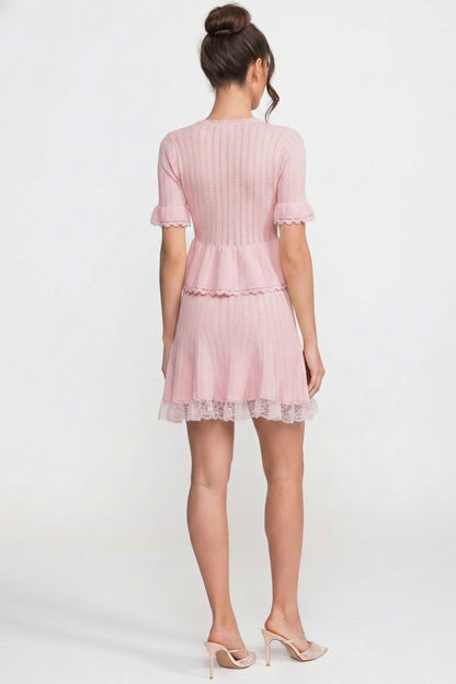 Peter Pan Collar Knit Top & Skirt Set | Women | Lace Hem | Button Front | Pink | Steven & Levon