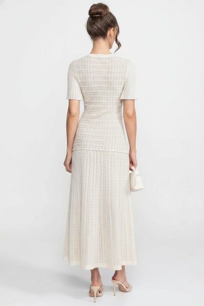 Short Sleeve Midi Dress | Women | Shimmer Knit Texture | White | Lightweight Elegant Dress | Steven & Levon