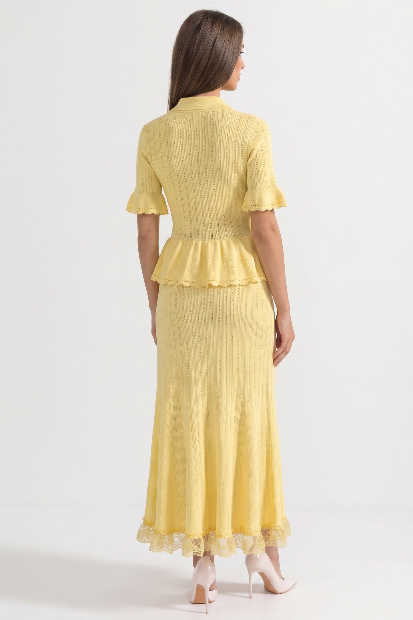 Peter Pan Collar Knit Maxi Dress | Women's Peplum Knit Dress | Lace Hem | Yellow | Steven & Levon
