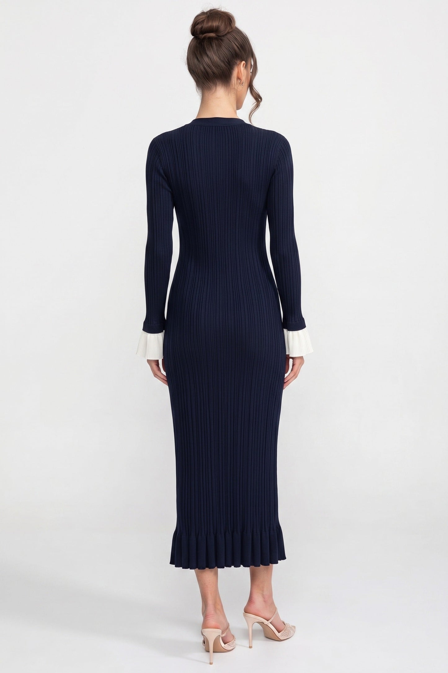Long Sleeve Knit Maxi Dress | Women | Button Front | Pleated | Contrast Cuffs | Navy | Steven & Levon
