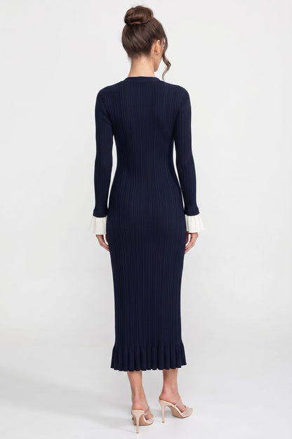Long Sleeve Knit Maxi Dress | Women | Button Front | Pleated | Contrast Cuffs | Navy | Steven & Levon