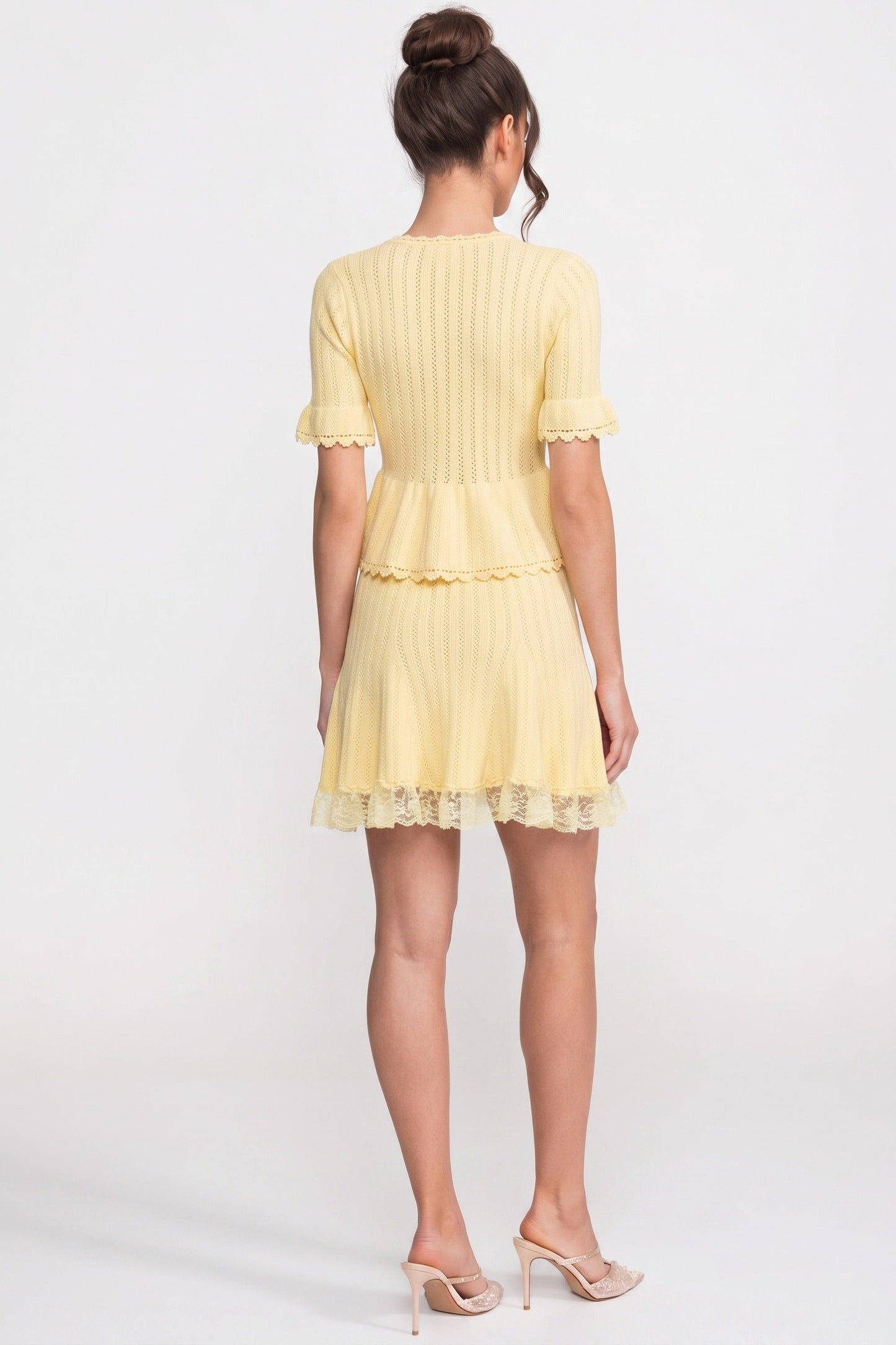 Peter Pan Collar Knit Mini Dress | Women's Peplum Knit Dress | Lace Hem | Yellow | Steven & Levon