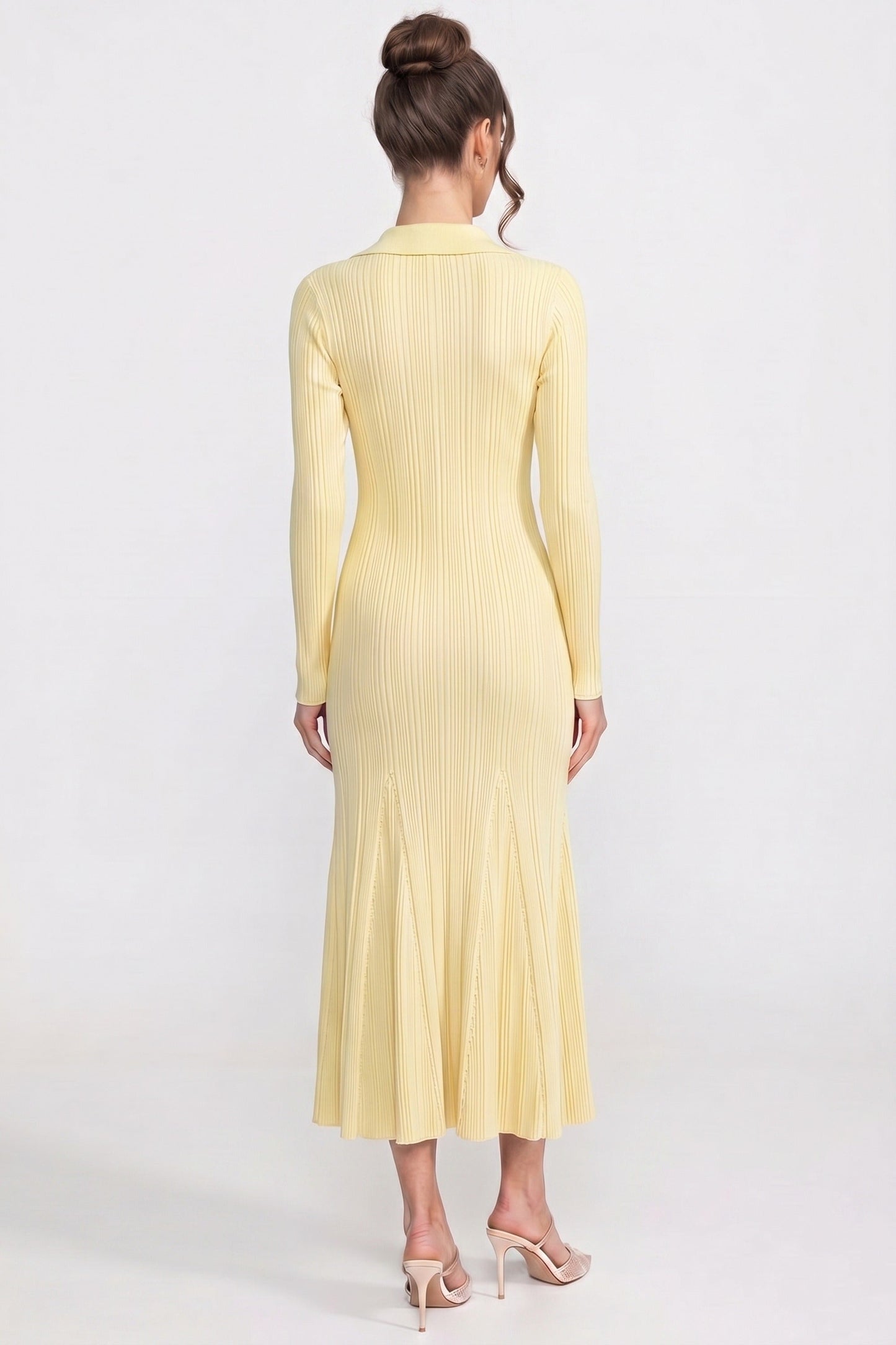 Button Front Knit Maxi Dress | Women's Long Sleeve Knit Dress | Patch Pockets | Yellow | Steven & Levon