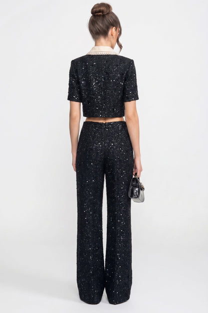 Wide Leg Tweed Trousers | Women | Sequin Detail | Black | High Waist Tailored Fit | Steven & Levon