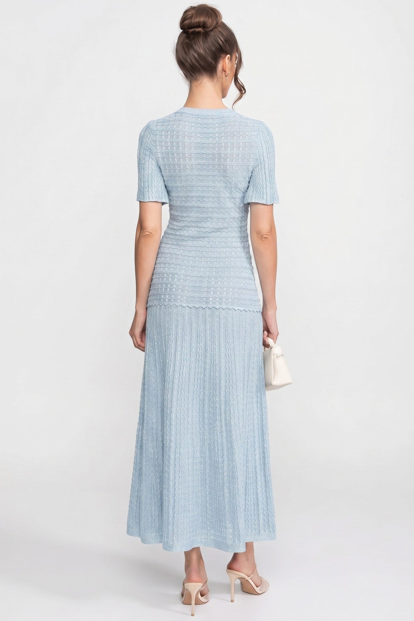 Short Sleeve Midi Dress | Women | Shimmer Knit Texture | Light Blue | Lightweight Elegant Dress | Steven & Levon
