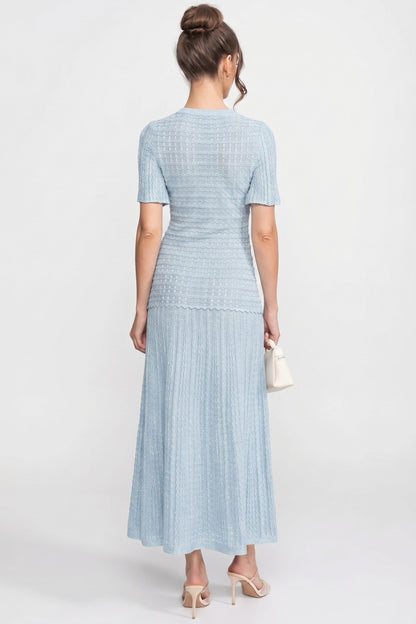 Short Sleeve Midi Dress | Women | Shimmer Knit Texture | Light Blue | Lightweight Elegant Dress | Steven & Levon