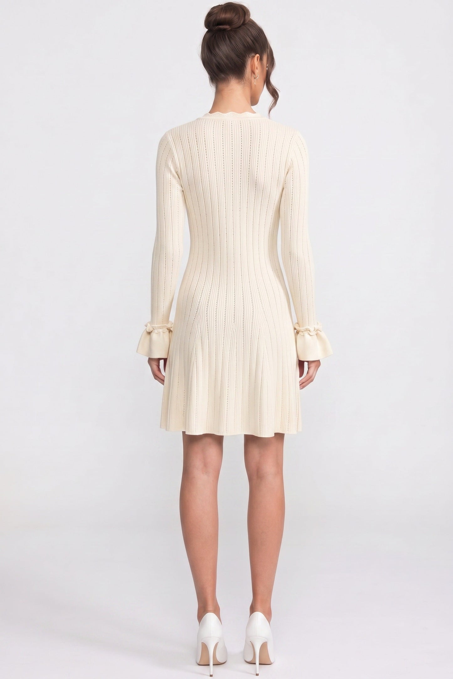 V-Neck Knit Midi Dress | Women's Long Sleeve Knit Dress | Ruffle Hem | Bow Cuffs | Ivory | Steven & Levon