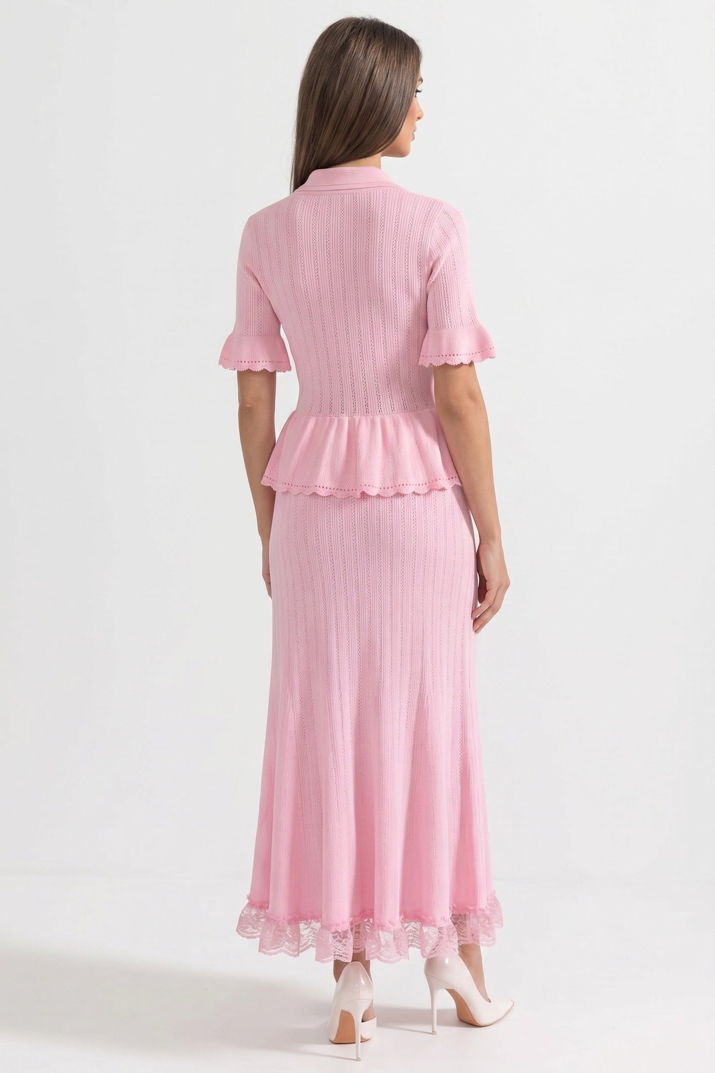 Peter Pan Collar Knit Maxi Dress | Women's Peplum Knit Dress | Lace Hem | Pink | Long Sleeve Elegant Dress | Steven & Levon