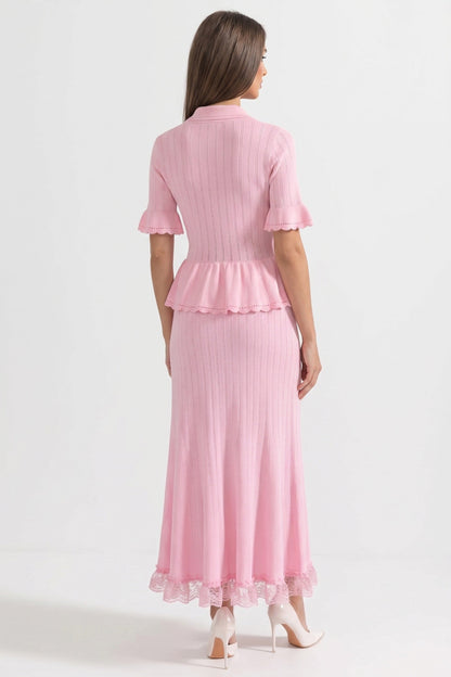 Peter Pan Collar Knit Maxi Dress | Women's Peplum Knit Dress | Lace Hem | Pink | Long Sleeve Elegant Dress | Steven & Levon