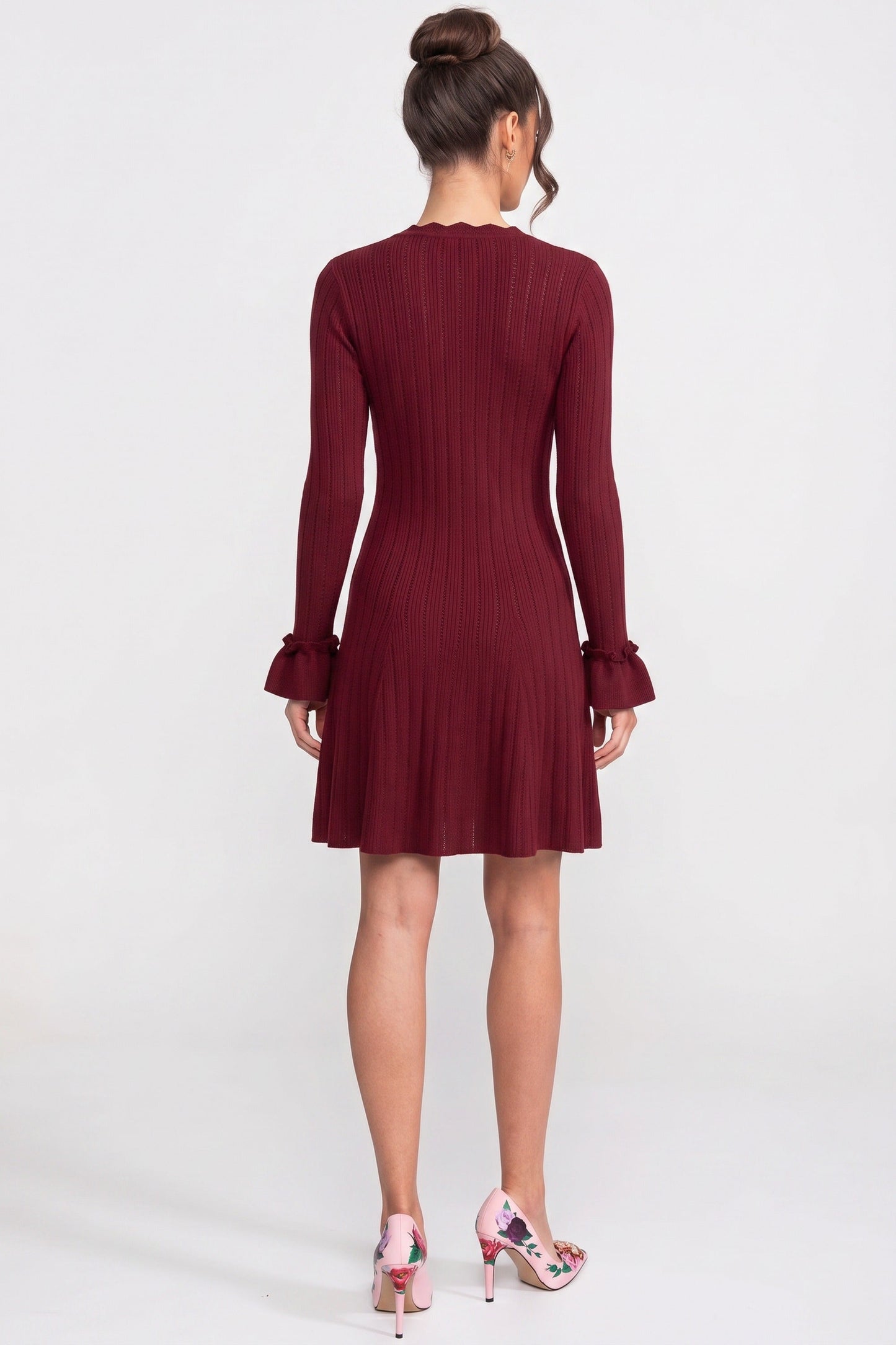V-Neck Knit Midi Dress | Women's Long Sleeve Knit Dress | Ruffle Hem | Bow Cuffs | Burgundy | Steven & Levon