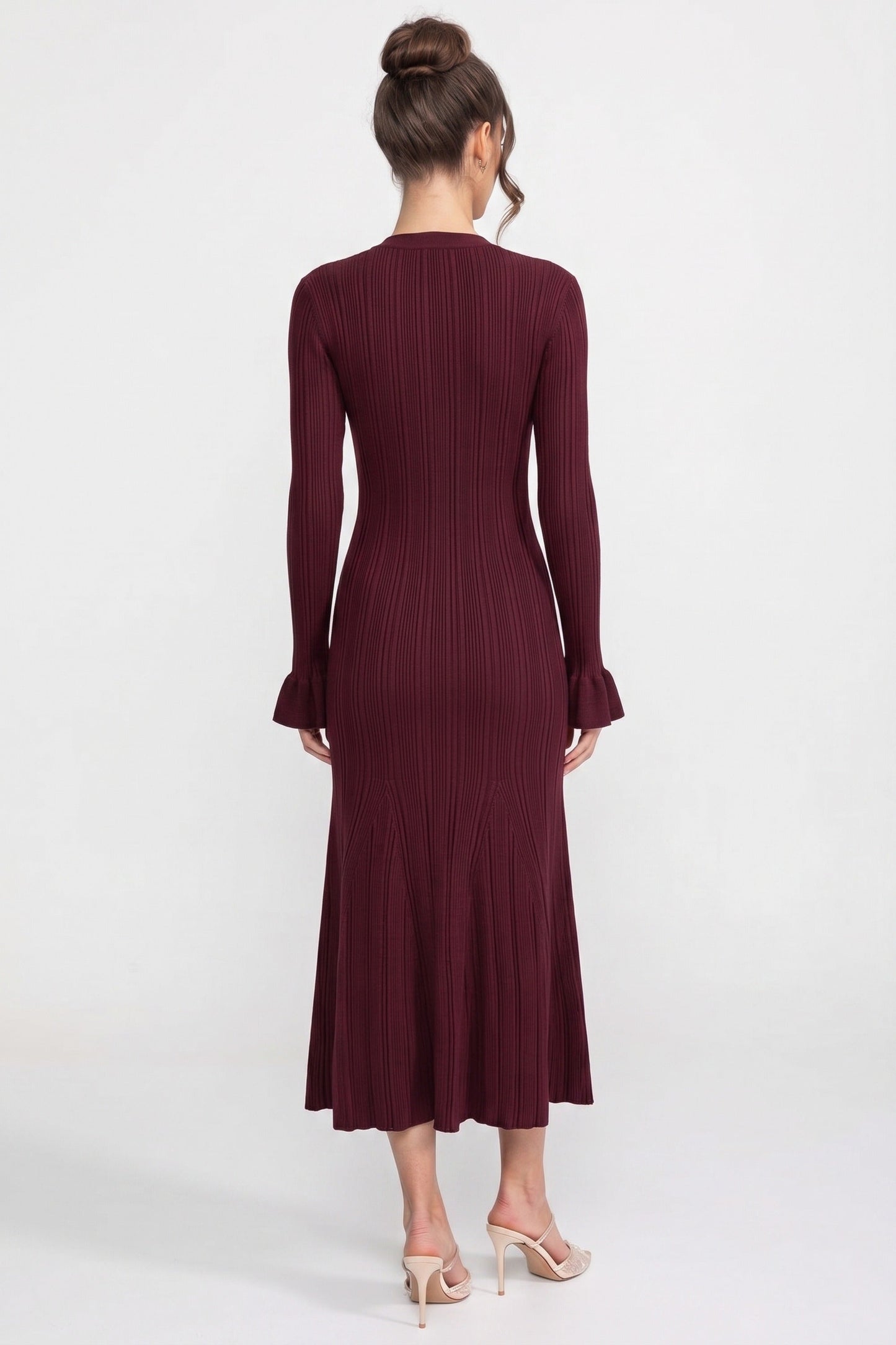 V Neck Ribbed Knit Maxi Dress | Women | Button Front | Ruffle Cuffs | Burgundy | Steven & Levon