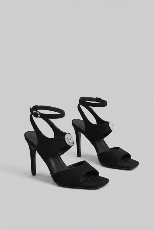 Suede High Heel Sandals | Women | Crystal Detail | Black | Steven & Levon