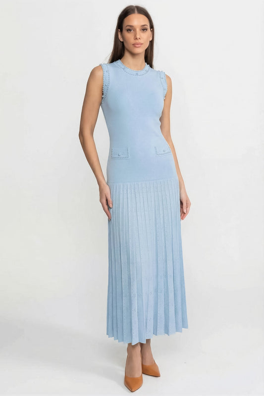 Sleeveless Knit Midi Dress | Women | Pearl Embellished | Blue | Steven & Levon