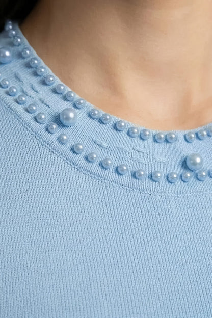 Sleeveless Knit Midi Dress | Women | Pearl Embellished | Blue | Steven & Levon