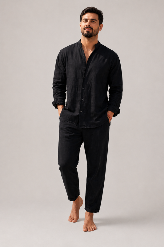 Men's Linen Two Piece Set | Collarless Shirt & Straight Leg Trousers | Smart Casual Co-Ord | Steven & Levon