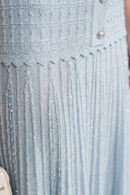 Short Sleeve Midi Dress | Women | Shimmer Knit Texture | Light Blue | Lightweight Elegant Dress | Steven & Levon