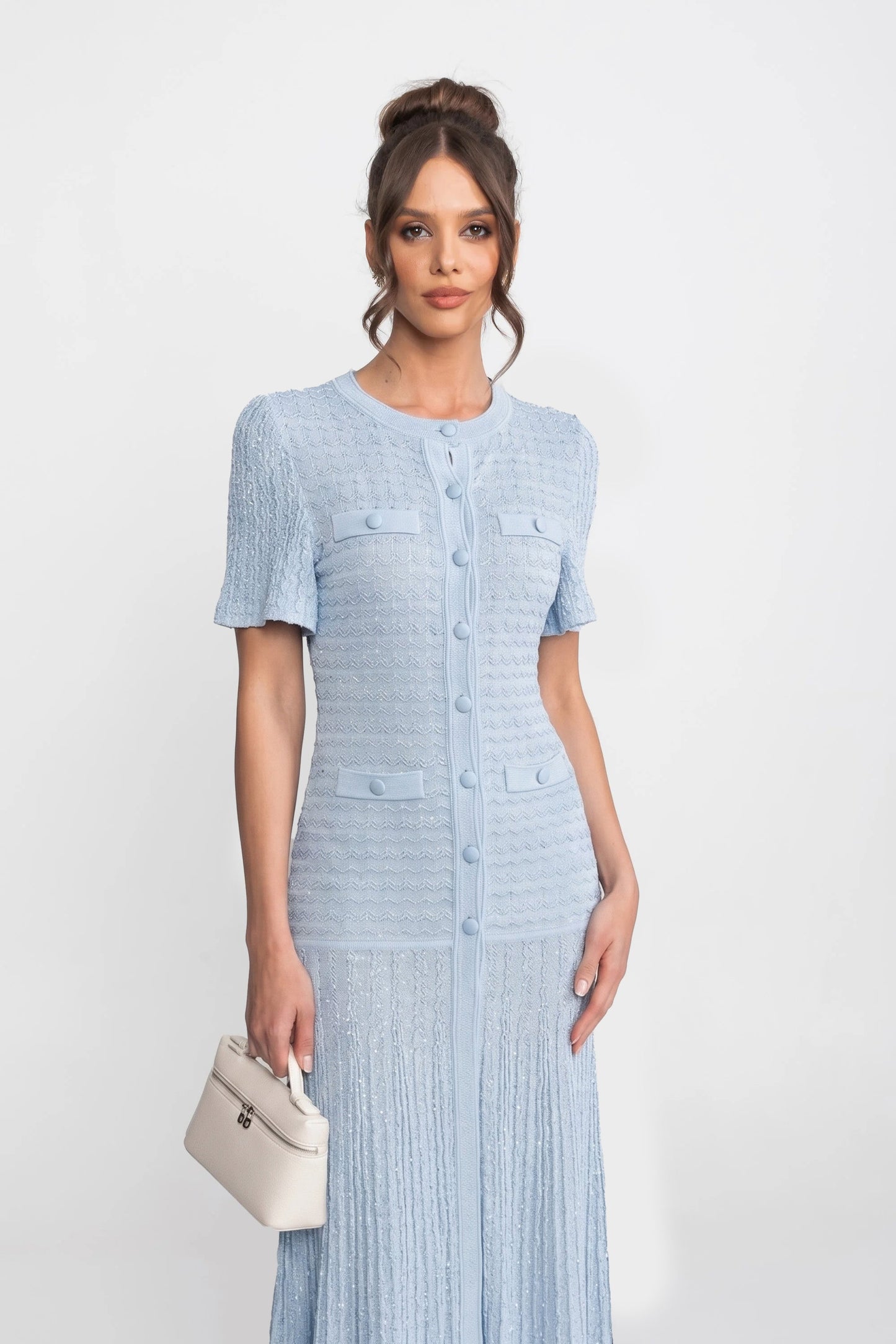 Short Sleeve Midi Dress | Women | Shimmer Knit Texture | Light Blue | Lightweight Elegant Dress | Steven & Levon