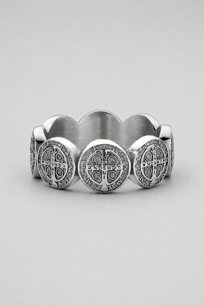 Saint Benedict Band Ring | Gold or Silver | Unisex | Stainless Steel | Religious Symbol | Steven & Levon