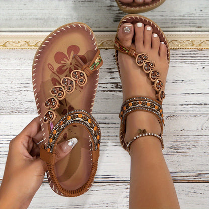 Elegant Beaded Toe Post Sandals | Women | Adjustable Ankle Strap | Beaded T-Bar Buckle Design | Summer Holiday Sandals | Steven & Levon