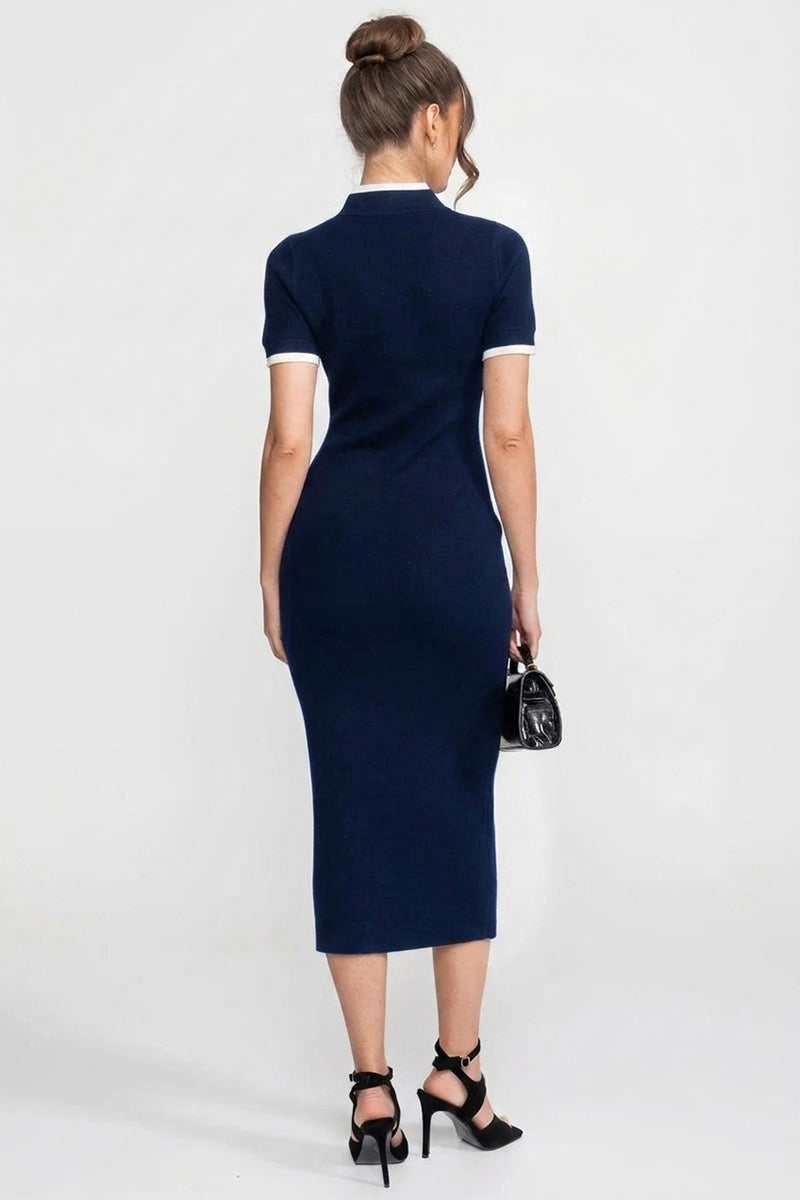 Ribbed Knit Midi Dress | Women's Contrast Trim Knit Dress | Decorative Pockets | Navy | Steven & Levon